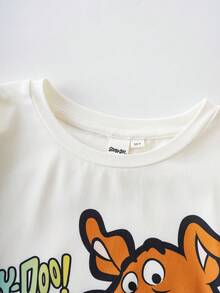 SCOOBY-DOO X SHEIN Bộ đồ ngủ in hình chó hoạt hình cổ tròn tay dài và quần kẻ caro cho bé trai - Đen và trắng - Xem 6