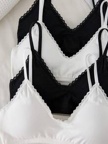 4件套少女基础撞色简约纯色吊带文胸，带可拆卸胸垫，棉质蕾丝V领文胸