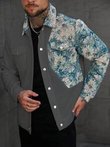 Manfinity CasualCool 男士花卉图案前扣休闲长袖夹克珍珠扣衬衫男士衬衫街头服饰男士花卉纽扣衬衫 - 灰色 - 查看 7