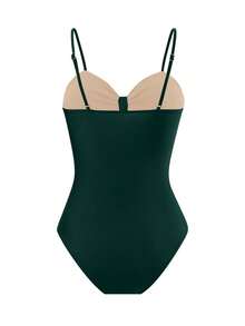 Swim Oasis 女士V领焦糖棕色镂空连体泳衣 - 墨綠色 - 查看 5