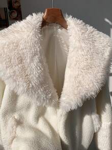 SHEIN EZwear 女式蓬松白色长袖宽松夹克，秋冬 - 白色 - 查看 7