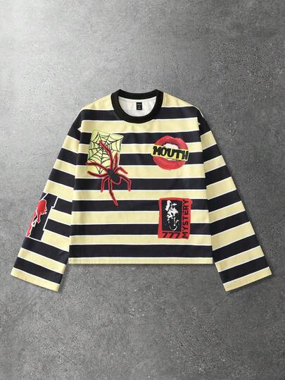 Street Life T-shirt à manches longues décontracté et ample à rayures pour hommes, automne