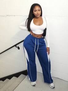 Alexandranx Quần thể thao rộng rãi có dây rút túi màu tương phản, phong cách trở lại trường, đại học - Xanh đậm - Xem 5