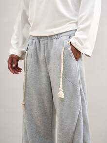 TOKVUE Men's Fashion Rope Detail Curved Blade Wide Leg Pants, Men's Trousers, Men's Casual Pants, American Street Style Loose Flared Long Pants, Loose Curved Blade Pants, Men's Trousers, Men's Wide Leg Pants, Halloween Gift, Christmas Gift, Super Loose Leg Flattering, Gift For Boyfriend, Light Grey Pants, Autumn - Light Grey - View 6