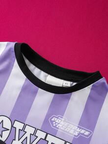 THE POWERPUFF GIRLS X SHEIN Young Girl Cartoon Character Print Purple Ombre Striped Loose Drop Shoulder Long Sleeve Sports Jersey T-Shirt - Purple - View 5