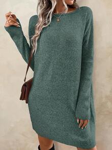 SHEIN LUNE 女士纯色圆领长袖休闲度假毛衣连衣裙 - 橄欖綠 - 查看 5