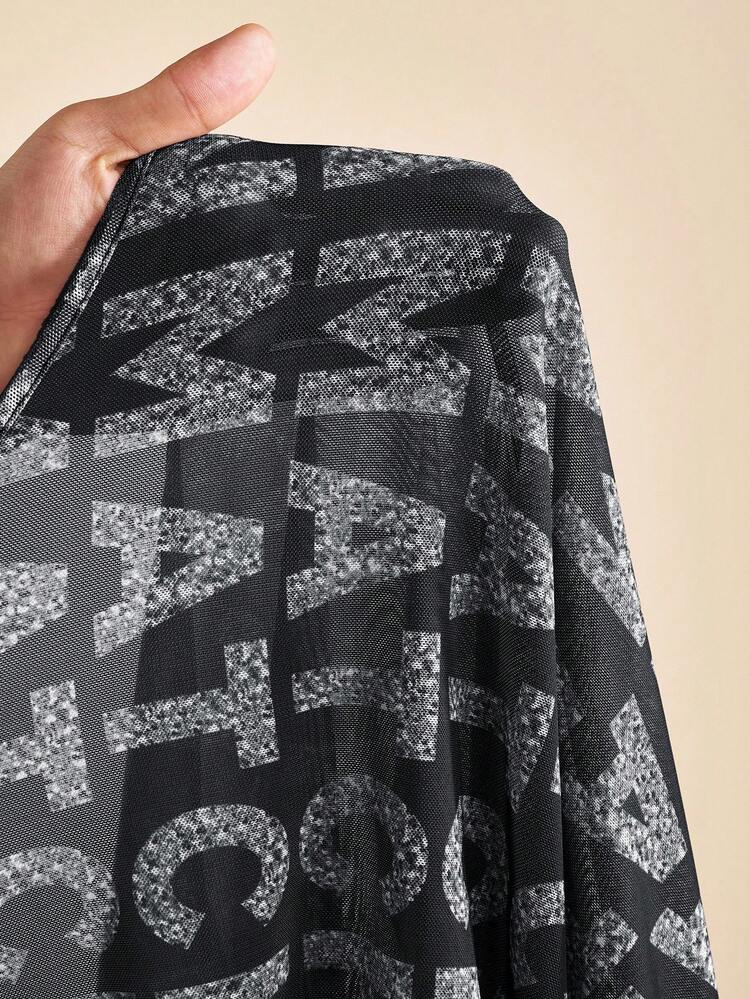 Zivah 2025 Autumn New Arrival Basic Casual Bodysuit With Long Sleeve Tight Mesh Print And Matching Long Pleated Skirt Set, Brown Base With Silver White Letter Print, Suitable For Birthday Party, Banquet, Back To School, Daily Wear, Cruise Travel, Elegant, Commuting, Business Casual,Fall,Fall Clothes For Women,Women's Winter Clothes - Black and White - View 8