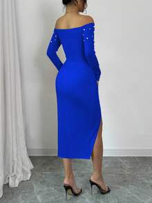 Elenzga Women's Open Shoulder Long Sleeve Ruched High Slit Pearl Design Bodycon Dress For New Year Clothes - Royal Blue - View 2