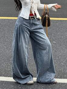 DAZY Quần jeans ống rộng cạp cao phong cách thường ngày Y2k dành cho nữ mùa thu - Màu xanh lam - Xem 6