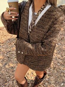 DAZY 女士休闲V领碎花粗花呢常规款外套，秋季女式大衣 - 棕色 - 查看 4