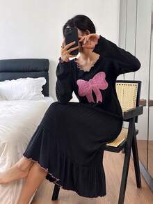 SHEIN 女士蝴蝶结刺绣拼接荷叶边下摆舒适针织睡裙，适合秋冬季穿着 - 彩色 - 查看 4