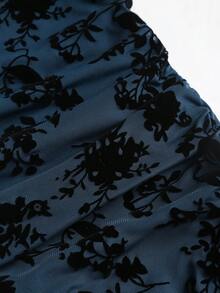 Sweetra 女士优雅复古网纱植绒长袖修身迷你连衣裙 - 寶藍色 - 查看 3