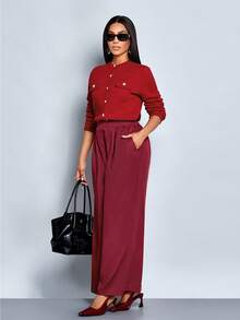 SOLERSUN Pantaloni eleganti da donna, stile old money, rosso vino, adatti per uscite, Natale, Ognissanti, autunno e inverno - Bordò - Visualizzare 4