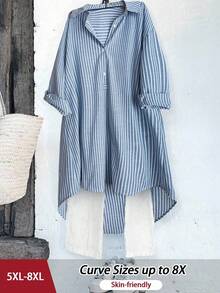 SHEIN CURVE+ 大码女式休闲经典法式复古条纹衬衫，时尚都市女性别致设计，百搭搭配衬衫、夹克，四季皆宜 - 藍白色 - 查看 7