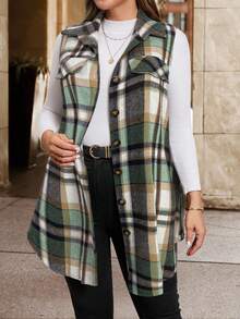 SHEIN Clasi Áo khoác len không tay kẻ caro thanh lịch cỡ lớn cho nữ, áo khoác công sở thời trang cho mùa thu/đông - Nhiều màu - Xem 6