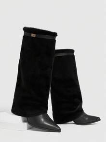 Daringsoles 女式尖头粗跟绒面西部流苏靴，修身高筒靴 - 黑色 - 查看 7