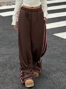 Muchica Women Fashion Brown Contrast Stripe Side Slit Drawstring Waist Loose Sweatpants For Going Out, Back To School, Streetwear - Brown - View 3