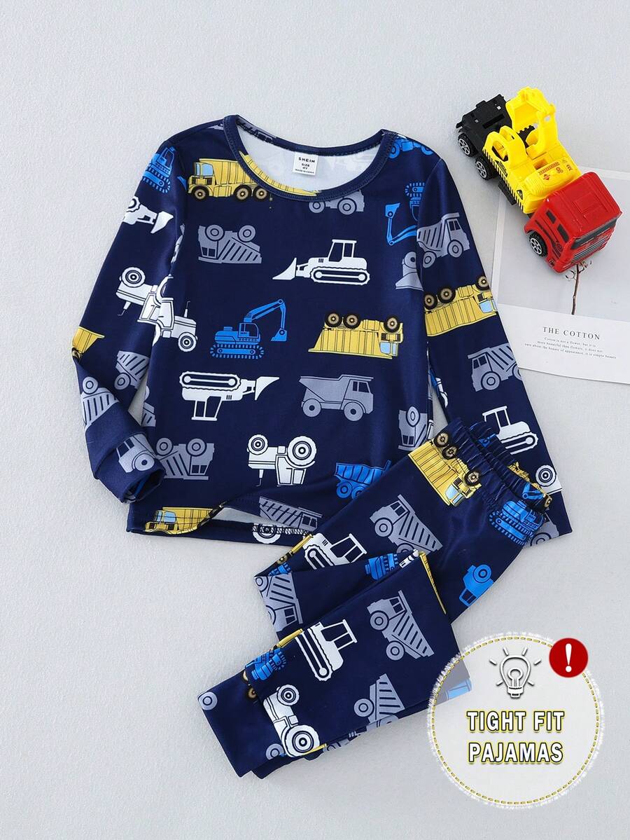 Set pijamale 2 buc Young Boy cu imprimeu grafic de Halloween cu mașina dovleac și colanți cu mânecă lungă - Albastru regal - Vizualizare 1