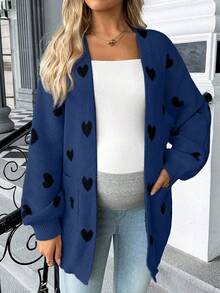 Maternity Heart Pattern Long Sleeve Cardigan With Pockets, Casual Loose Knit Sweater - Navy Blue - View 3