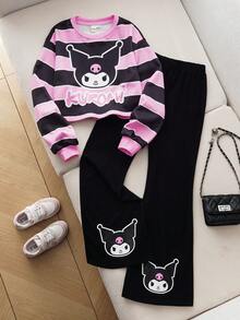 HELLO KITTY AND FRIENDS | SHEIN 青少年女孩可爱卡通字母印花条纹圆领落肩长袖运动衫和喇叭形黑色针织裤两件套休闲装 - 彩色 - 查看 1