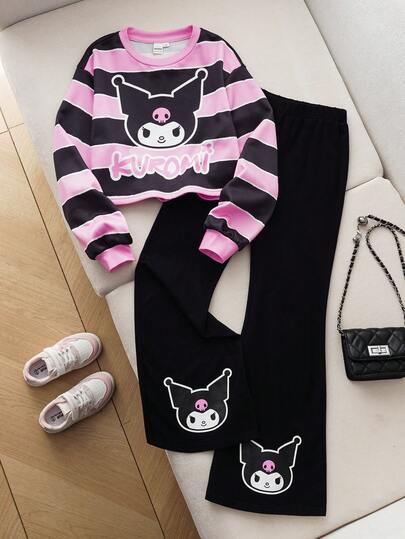 HELLO KITTY AND FRIENDS | SHEIN 青少年女孩可爱卡通字母印花条纹圆领落肩长袖运动衫和喇叭形黑色针织裤两件套休闲装