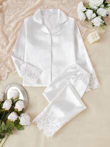 2-delars premium enfärgade nattkläder för kvinnor, långärmad topp och byxor, bekväma loungekläder - Vitt - Visa 6