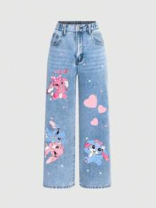 SHEIN ChillGRL Tween Girls Straight Leg Jeans, Blue Denim Casual Pants, Y2K Aesthetic, Outdoor Chic, Comfortable Cotton Fabric, Cartoon Animal Graphic Print, Elastic Waist, Versatile For School, Party, Travel, Daily Wear - Light Wash - View 4