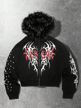 Street Life Sudadera con capucha con cremallera y estampado de letras góticas con cuello esponjoso, corte holgado, para invierno