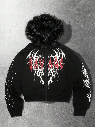 Sudadera con capucha con cremallera, estampado de letras y cuello esponjoso, corte holgado para hombre