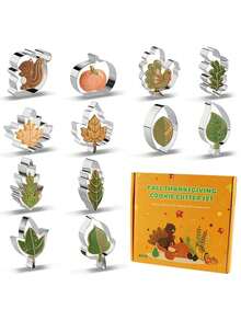 12件套秋季感恩节饼干模具套装 | 海洋动物、树叶形状不锈钢模具 - 火鸡、松鼠、橡子、枫叶等 - 非常适合DIY节日烘焙、蛋糕装饰 - 秋季手工制作，倾注爱意，烘焙爱好者的理想礼物 - 銀色 - 查看 2