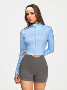 SHEIN Sports Women's Light Blue Full Zip Athletic Jacket,Summer Slim Fit Sports Top With Stand Collar,High Stretch Gym Yoga Running Activewear Athleisure Jacket - Blue - View 3