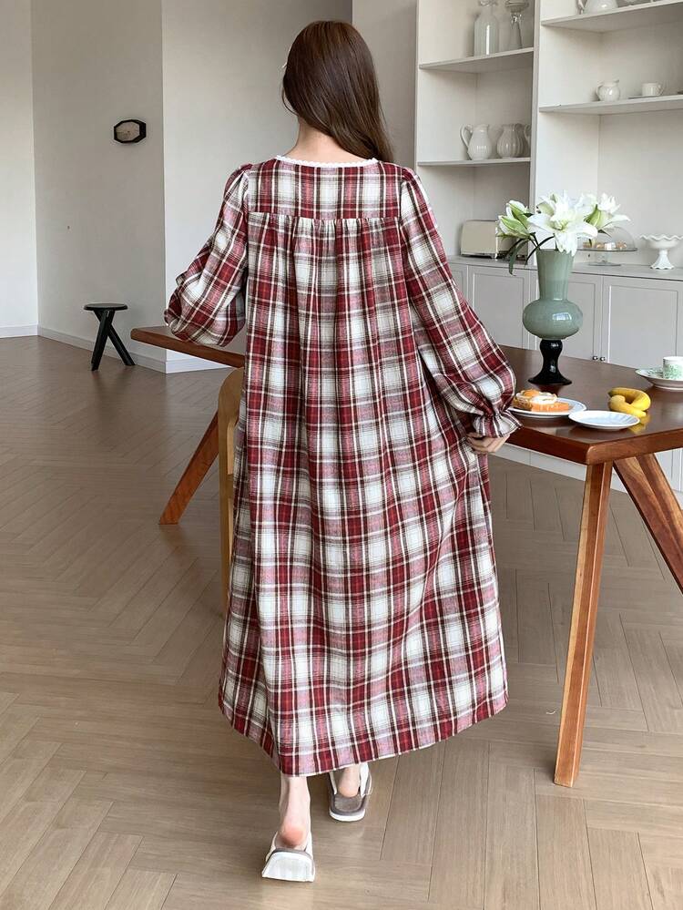 Women's Sweet Plaid Ruffle Hem Nightgown, Autumn/Winter, Moo Moo Night Dress