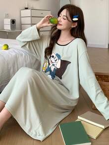 DAZY Autumn/Winter Brushed Cartoon Dog Pattern Loose Fit Long T-Shirt Style Women Sleep Dress, Moo Moo Night Dress - Green - View 1