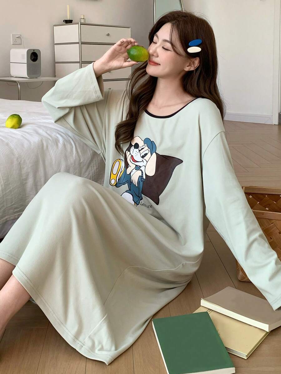 DAZY Autumn/Winter Brushed Cartoon Dog Pattern Loose Fit Long T-Shirt Style Women Sleep Dress, Moo Moo Night Dress - Green - View 1