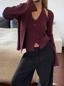 DAZY 2 件套女士优雅纯色吊带背心开衫套装，秋季 - 紫色 - 查看 4