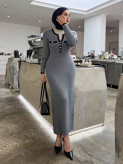 DAZY Women's Elegant Color Block Patchwork Sweater Dress, Autumn Modest Fashion