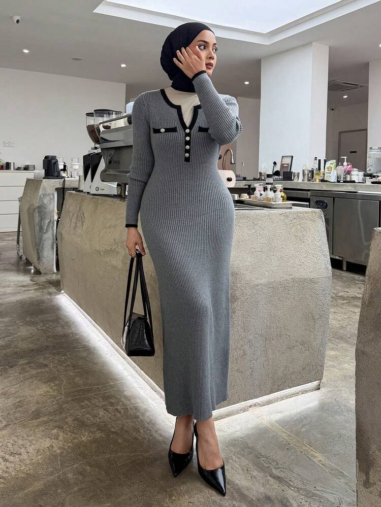 Women's Elegant Color Block Patchwork Sweater Dress, Autumn Modest Fashion