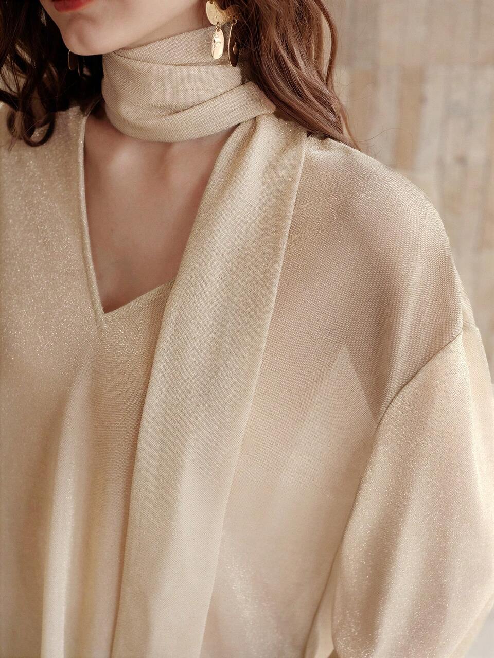 MESH SOLID V-NECK FLARE SLEEVE SHEER BLOUSE WITH SCARF