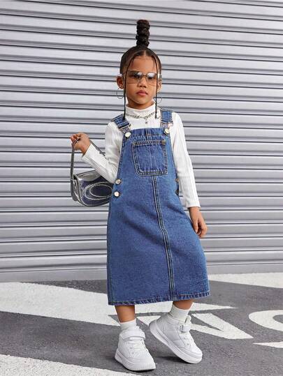 SHEIN Young Girl' Y2k Navy Blue Denim Pinafore Dress,Fall Clothes,Winter Clothing ,Casual And Fashionable Vacation Outfits,Streetwear,2000s Style ,Halloween Denim Jeans ,Christmas  Clothe,Christmas  Dress