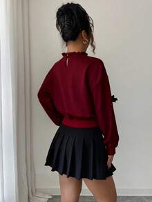 Elenzga 女式秋季新款时尚简约蝴蝶结装饰短款运动衫 - 酒紅色 - 查看 2