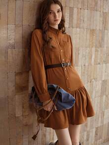 MOTF PREMIUM SUEDETTE BUTTON FRONT RUFFLE HEM BELTED DRESS - Brown - View 6