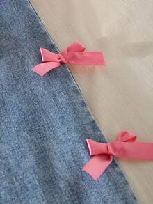 女孩休闲可爱圆领插肩袖宽松短款蝴蝶印花 T 恤和松紧腰直筒宽松牛仔裤，3D 蝴蝶结设计，适合所有季节，适合返校装 - 白色 - 查看 4