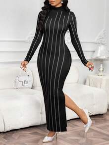 SHEIN Lady 女士时尚通勤条纹印花侧开衩修身长裙 - 黑色 - 查看 5