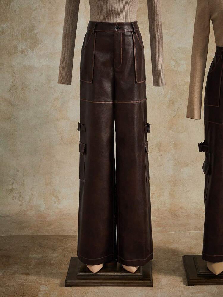 Pantalones rectos de piel de ante elegantes y de moda con bolsillos, apropiados para otoño, invierno, verano, primavera, Año Nuevo, fiestas, bodas, para mujeres altas