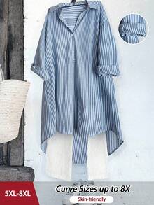 SHEIN CURVE+ 大码女式休闲经典法式复古条纹衬衫，时尚都市女性别致设计，百搭搭配衬衫、夹克，四季皆宜 - 藍白色 - 查看 3