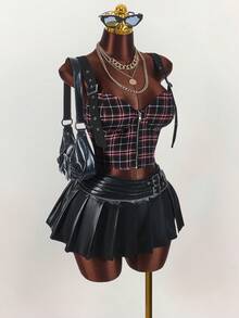 Amplova Plus Size Women Plaid Low-Cut Punk Street Style Adjustable Strap Front Zipper Crop Top - Multicolor - View 8