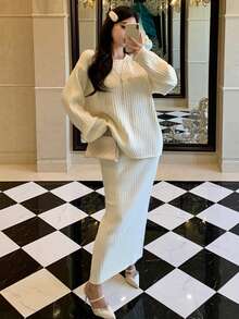 DAZY 女士优雅针织毛衣半裙两件套，适合秋冬季、新年、圣诞节、婚礼等场合。 - 米色 - 查看 6