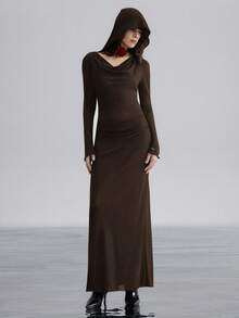 Airlisse 女士优雅U领连帽修身薄纱长袖连衣裙，适合派对穿着 - 棕色 - 查看 5