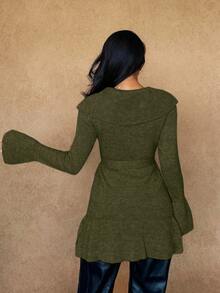 Rafferiza 女士简约优雅法式浪漫系带开衫 绿色开衫 女士橄榄绿 - 軍綠色 - 查看 2