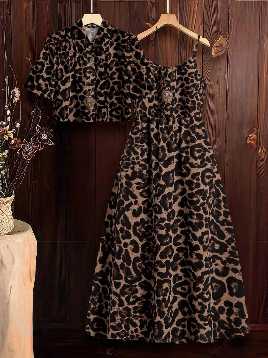 SHEIN Clasi 2pcs/Set Women Leopard Print Dress And Leopard Print Blouse Leopard Set Cheetah Print Outfit, For Going Out - Gold - View 1